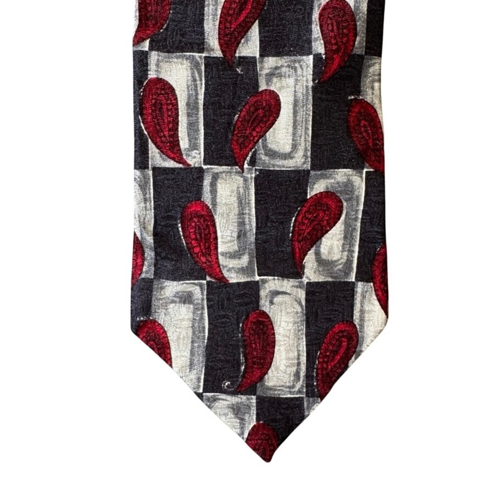 Prima Italy Mens Silk Tie Black Grey Red Paisley Checkerboard Hand Sewn USA 4in